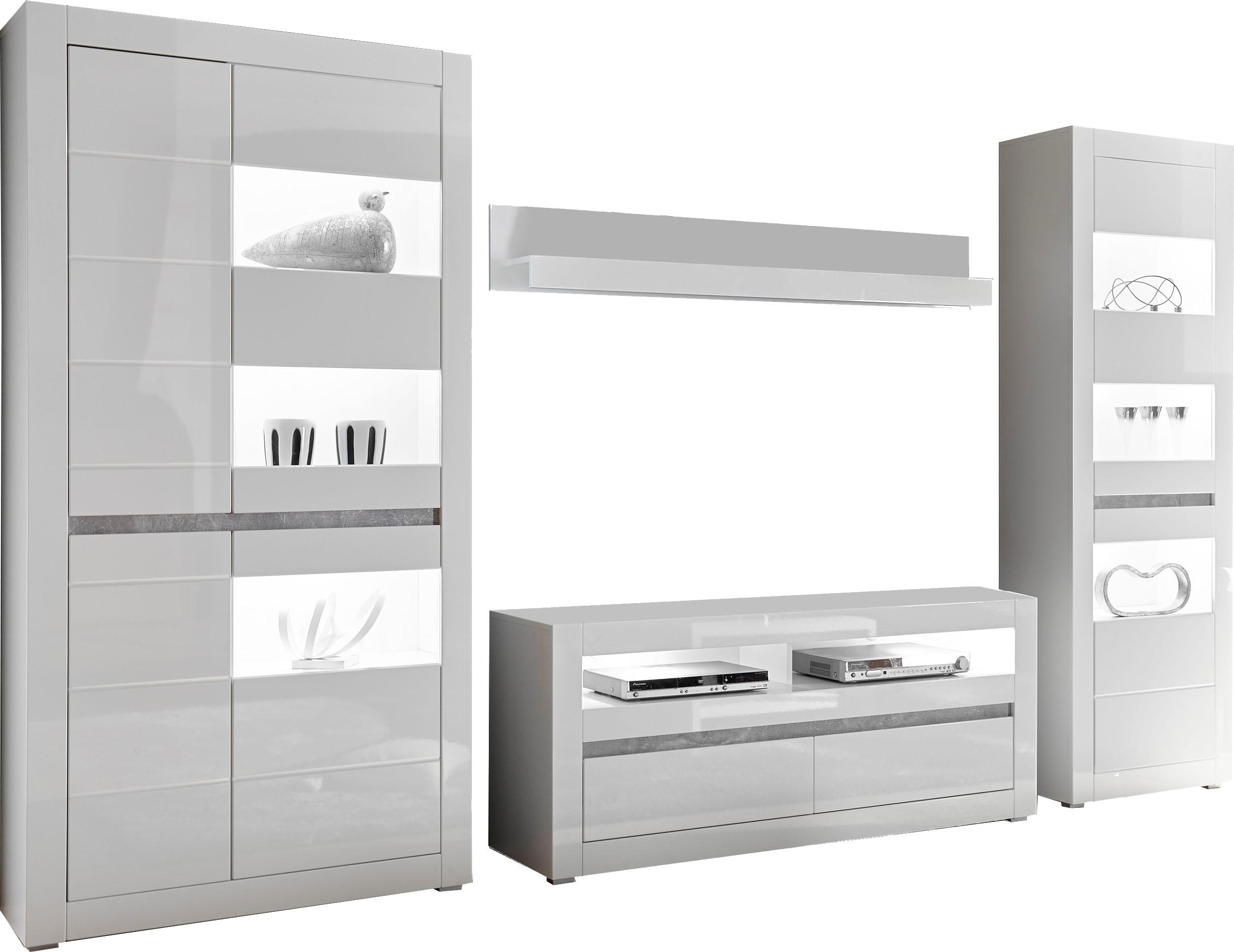 Wohnwand INOSIGN "Carat", weiß (weiß, weiß hochglanz), B:336cm, Kastenmöbel-Sets, Wohnwand, wird jeweils mit zwei Leisten angeliefert, 1 x grau, 1 x weiss