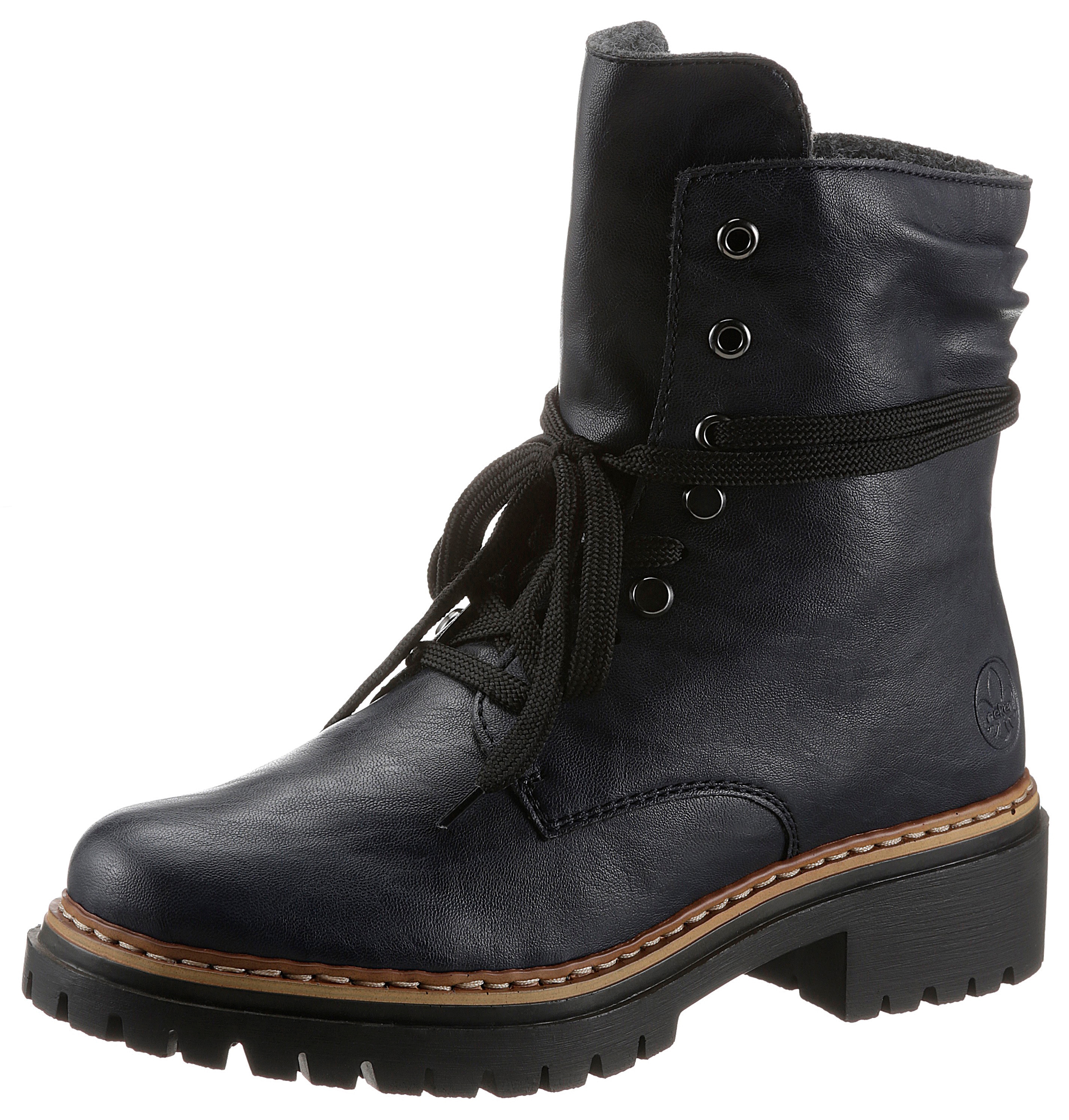 Schnürboots RIEKER, Damen, Gr. 39, blau (nachtblau), Lederimitat, Schuhe Schnürboots, Stiefelette, Profilsohle, Blockabsatz, mit lässiger Schnürung
