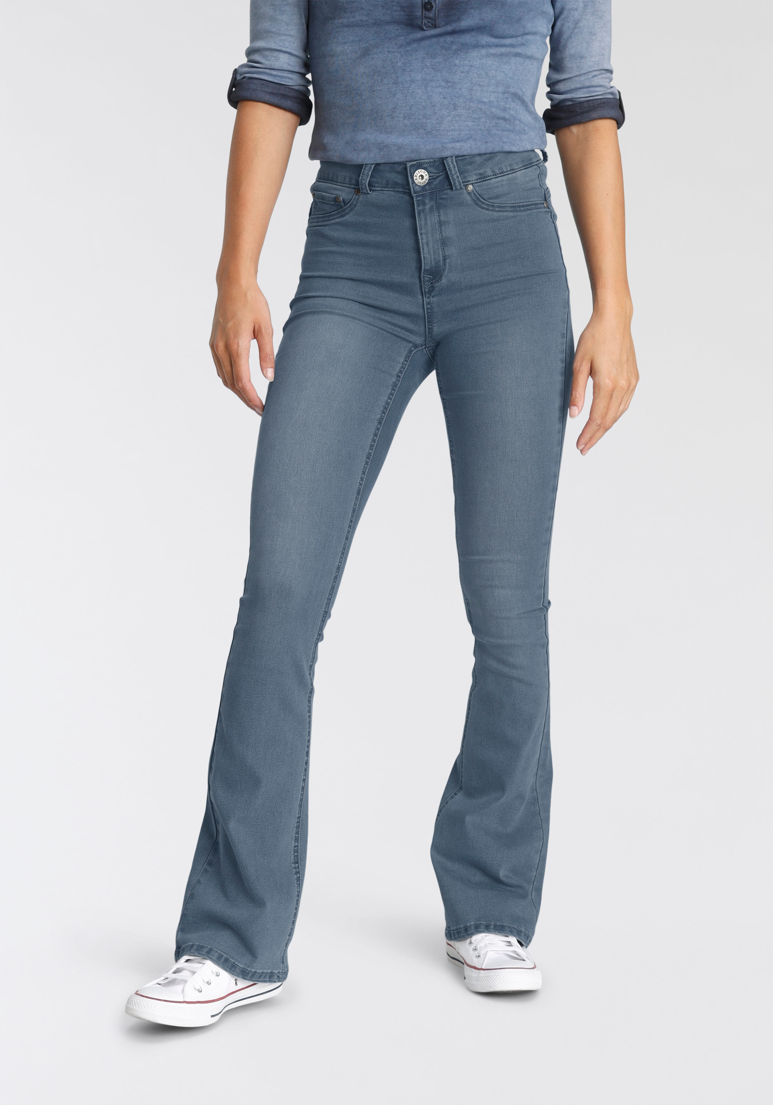 Bootcut-Jeans ARIZONA "Ultra Stretch", Damen, Gr. 23, K + L Gr, blau (blau used), Denim/Jeans, Obermaterial: 63% Baumwolle, 32% Polyester, 5% Elasthan, eng lang, Jeans, ausgestellte Beinform, Used-Waschung, hohe Leibhöhe, Topseller