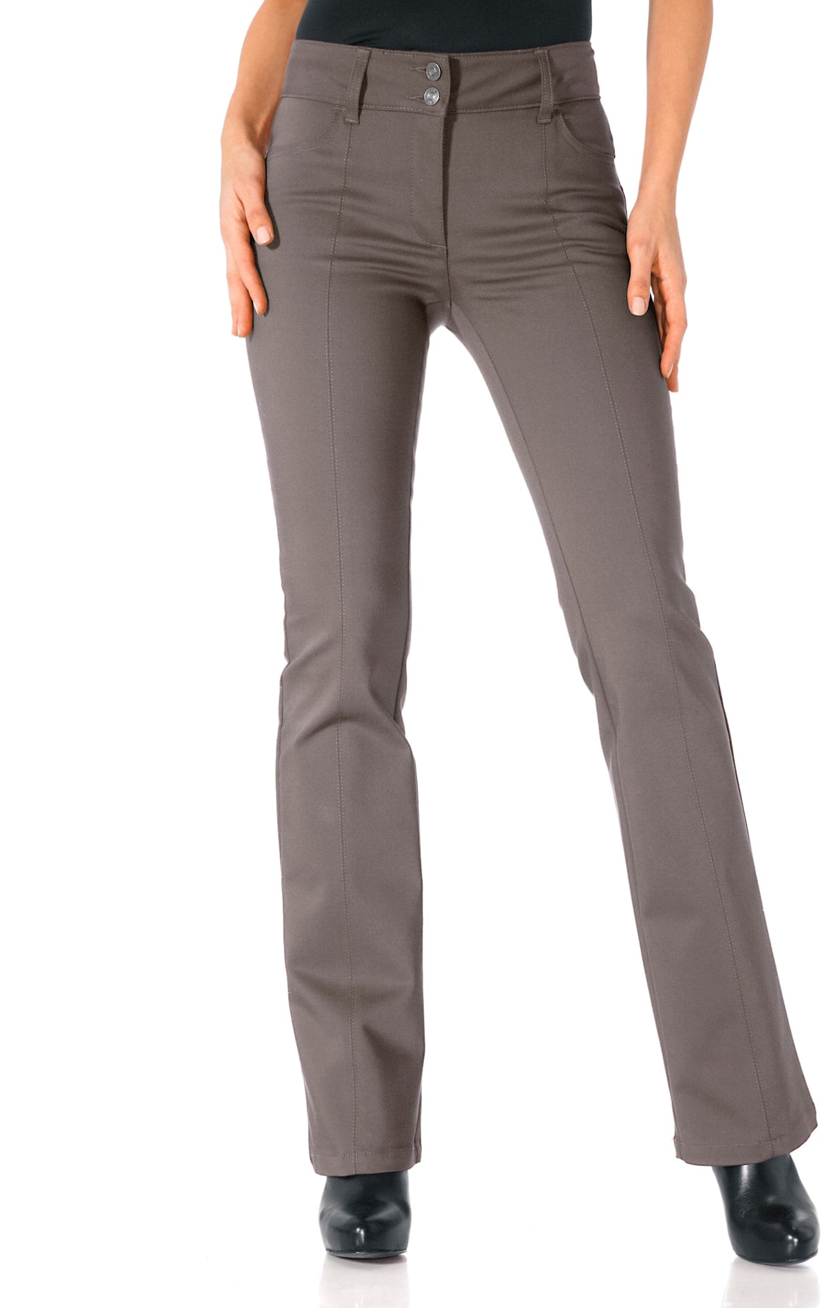 Bootcuthose HEINE, Damen, Gr. 18, Kurzgrößen, grau (taupe), 48% Baumwolle, 45% Polyester, 7% Elasthan, Miedereinsatz:15% Elasthan, 85% Polyamid, unifarben, lang, Hosen, Topseller