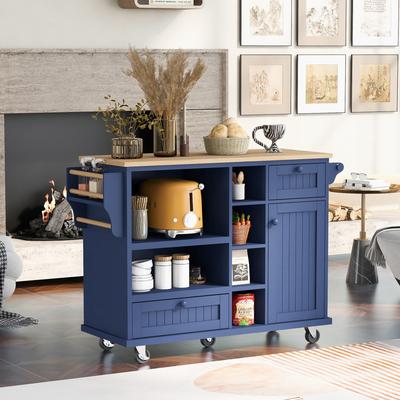 Blue Kitchen Island Cart with Solid Wood Surface, Storage Cabinet, Locking Wheels, and Versatile Buffet Sideboard