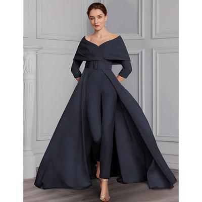 Two Piece Jumpsuit / Pantsuit Mother of the Bride Formal Wedding Guest Elegant Party Scoop Neck Off Shoulder Ankle Length Stretch Fabric 3/4 Length Sleeve with Sash / Ribbon 2025