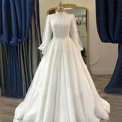 TS Engagement Vintage 1940s / 1950s Formal Wedding Dresses Ball Gown High Neck Long Sleeve Court Train Lace Bridal Gowns With Pleats Appliques 2025