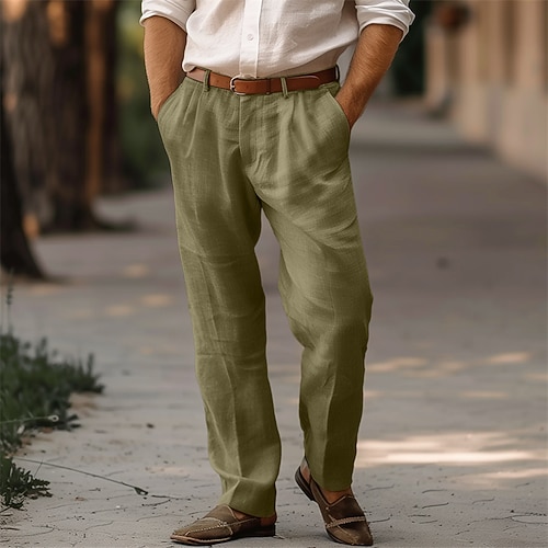Herren Leinenhosen Hose Sommerhose Faltenhose Anzughose Fronttasche Gerader Schnitt Einfach Komfort Atmungsaktiv Volle Länge Lässig Täglich Ferien Mode Basic Schwarz Weiß Image