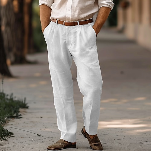 Herren Leinenhosen Hose Sommerhose Faltenhose Anzughose Fronttasche Gerader Schnitt Einfach Komfort Atmungsaktiv Volle Länge Lässig Täglich Ferien Mode Basic Schwarz Weiß Image