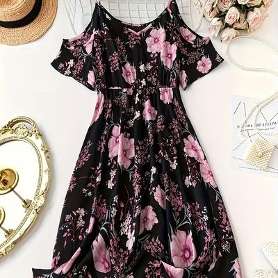 TEMU Plus Size Floral Print Cold Shoulder Dress, Elegant V Neck Short Sleeve Dress For , Women's Plus Size Clothing Image