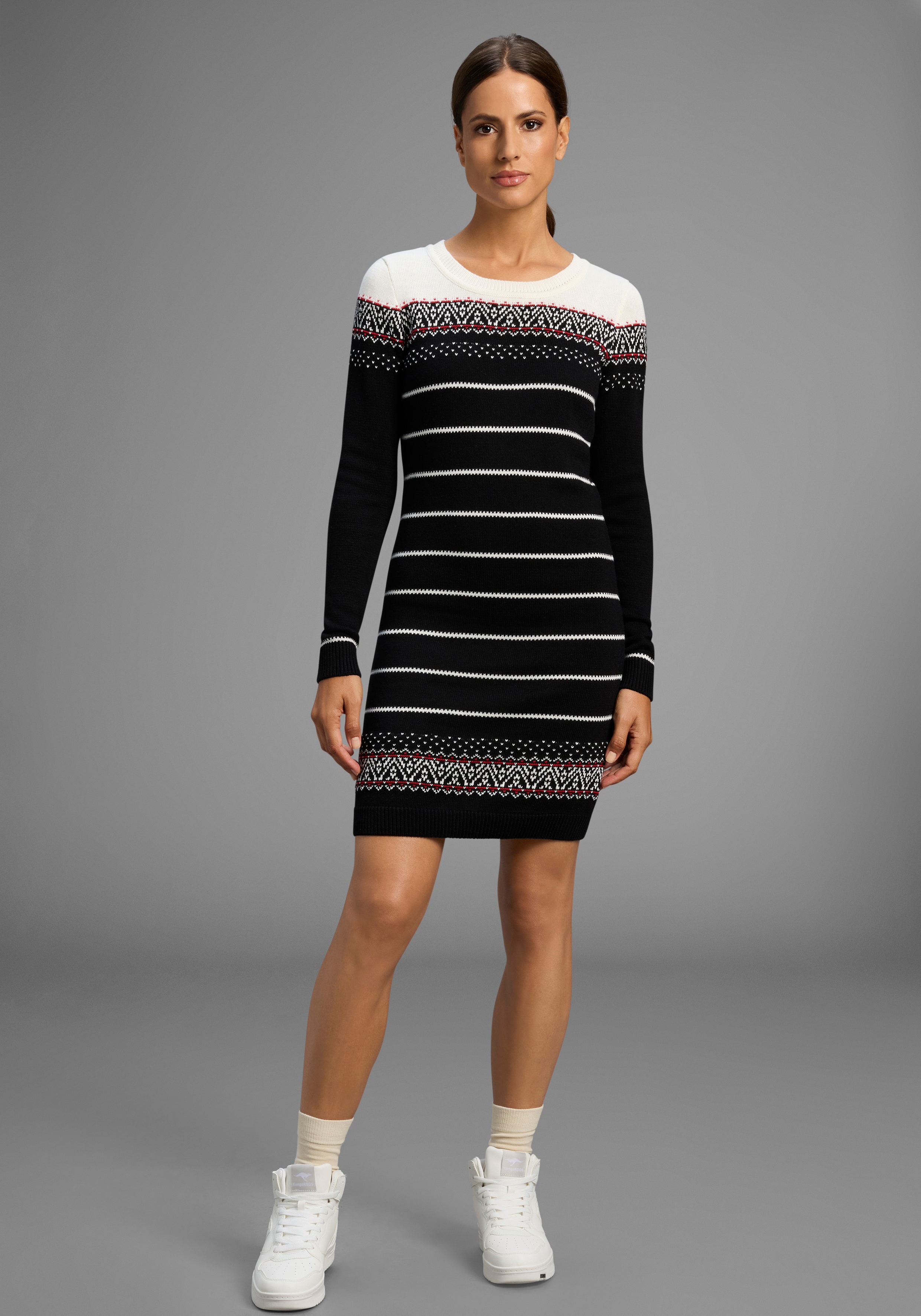 Strickkleid KANGAROOS, Damen, Gr. 44, N-Gr, schwarz (schwarz gemustert), Strick, Obermaterial: 50% Baumwolle, 50% Polyacryl, gemustert, figurbetont mini, Rundhals, Rippbündchen, Kleider Strickkleid, figurbetont, im Norweger-Stil, aus...