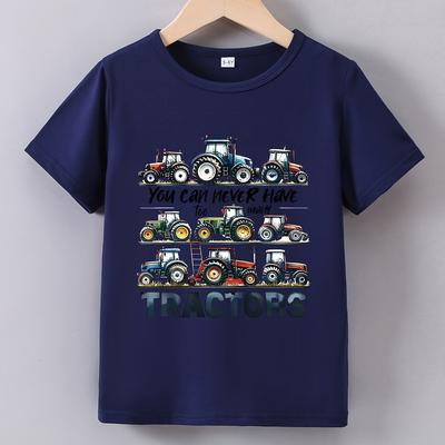 TEMU Too Many Tractors Print Boy's Crew Neck T-shirt, Short Sleeve Comfy Tee Tops, Summer Casual Clothing Image