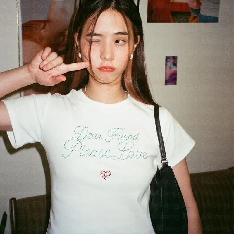 Sommer Strass Buchstaben niedlichen Harajuku O-Ausschnitt Kurzarm T-Shirts Grafik gedruckt Grunge weiß Crop Tops Baby T-Shirt Gothic y2k