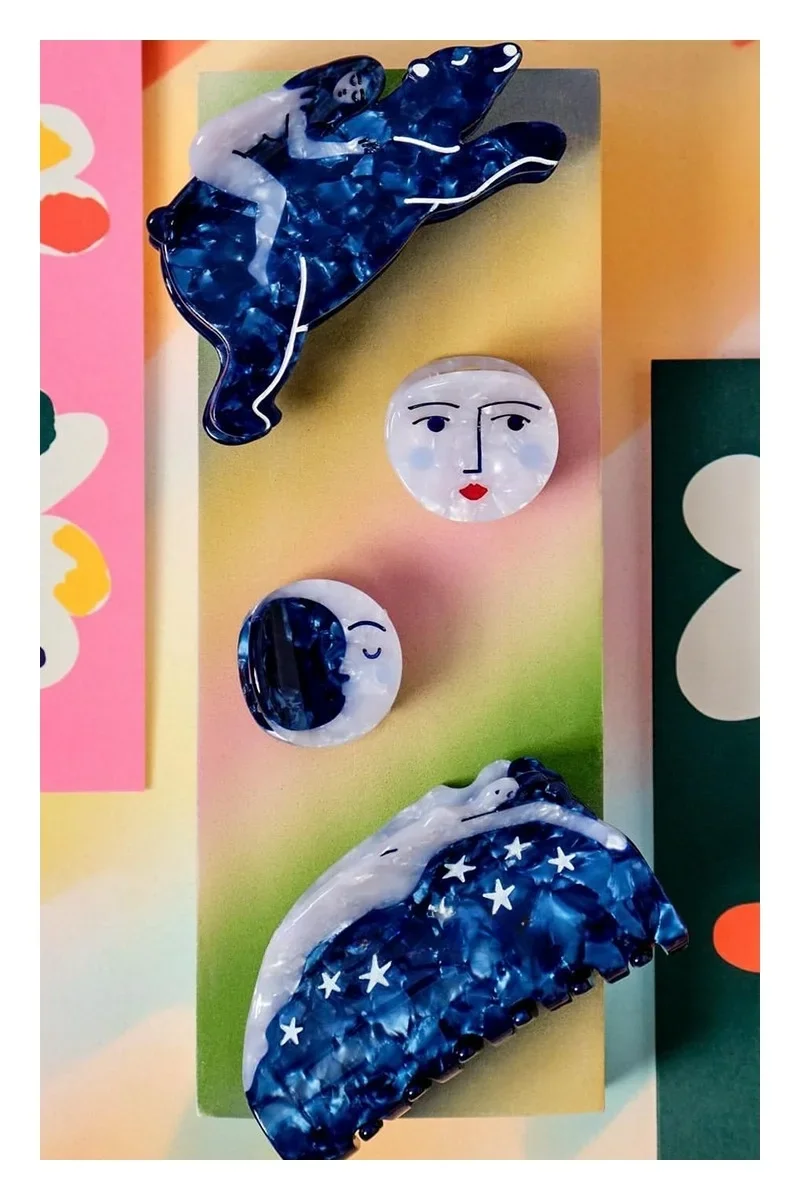 Neue Vintage Ölgemälde Haar Kalb Clips Blau Traum Mädchen Stern Krabbe Haar Clip Gesicht Mond Haarnadel für Frauen Fee Haar Zubehör