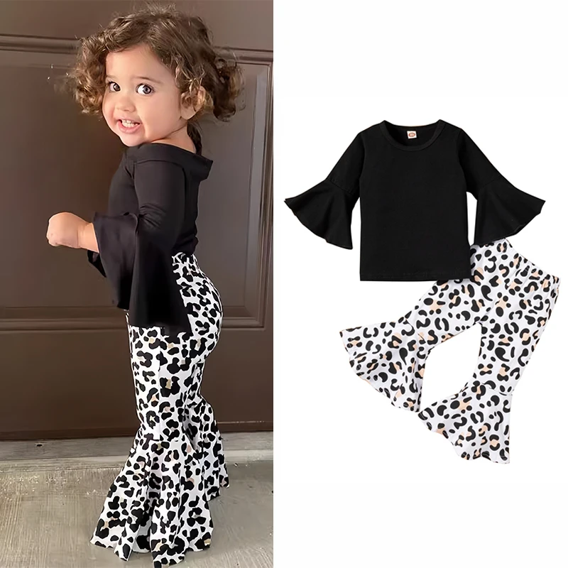 Ensemble de vêtements pour bébé fille, 2 pièces, pull noir + bas à cloche imprimé léopard, vêtements d