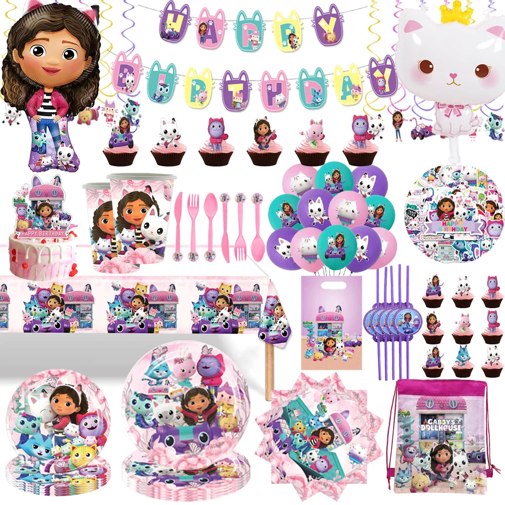 Neue rosa Gabby Puppenhaus Geburtstag Party Dekorationen Luftballons Tassen Teller Servietten Hintergrund Geschirr Mädchen Baby Dusche liefert Image