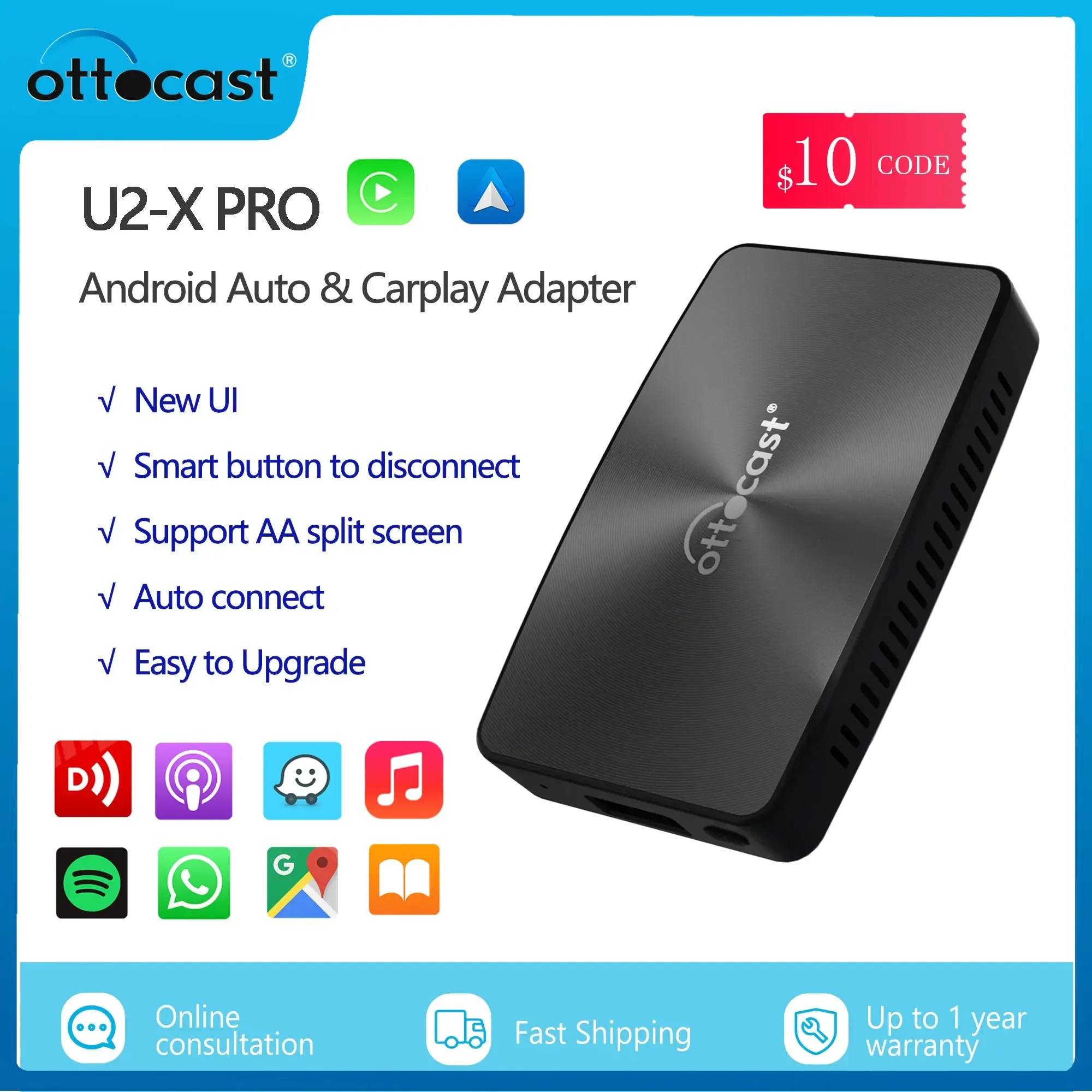 OTTOCAST U2 X PRO Wireless CarPlay Android Auto Adapter 2 in 1 Carplay Smart Box Plug Play Multimedia Player für Toyota KIA Image