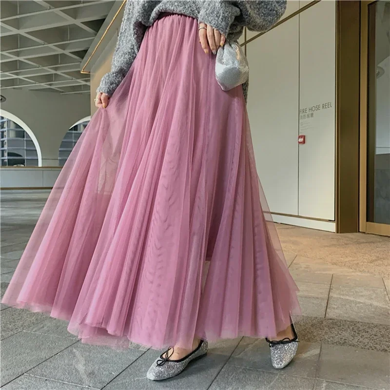 Sommer Elegante Tüll Rock Herbst Winter Große Schaukel Frauen Rock Koreanische Nette Rosa Grün Grau Blau Braun Schwarz Langen Rock Tutu