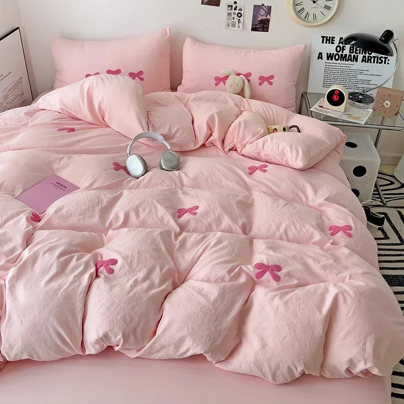 Niedliche rosa Schleifen-Bettbezug-Set, 3D-Stickerei-Bettwäsche-Sets, rosa Bett-Set, bequeme Queen-Bettdeckenbezüge, weich für Mädchen, Kinder, Teenager Image