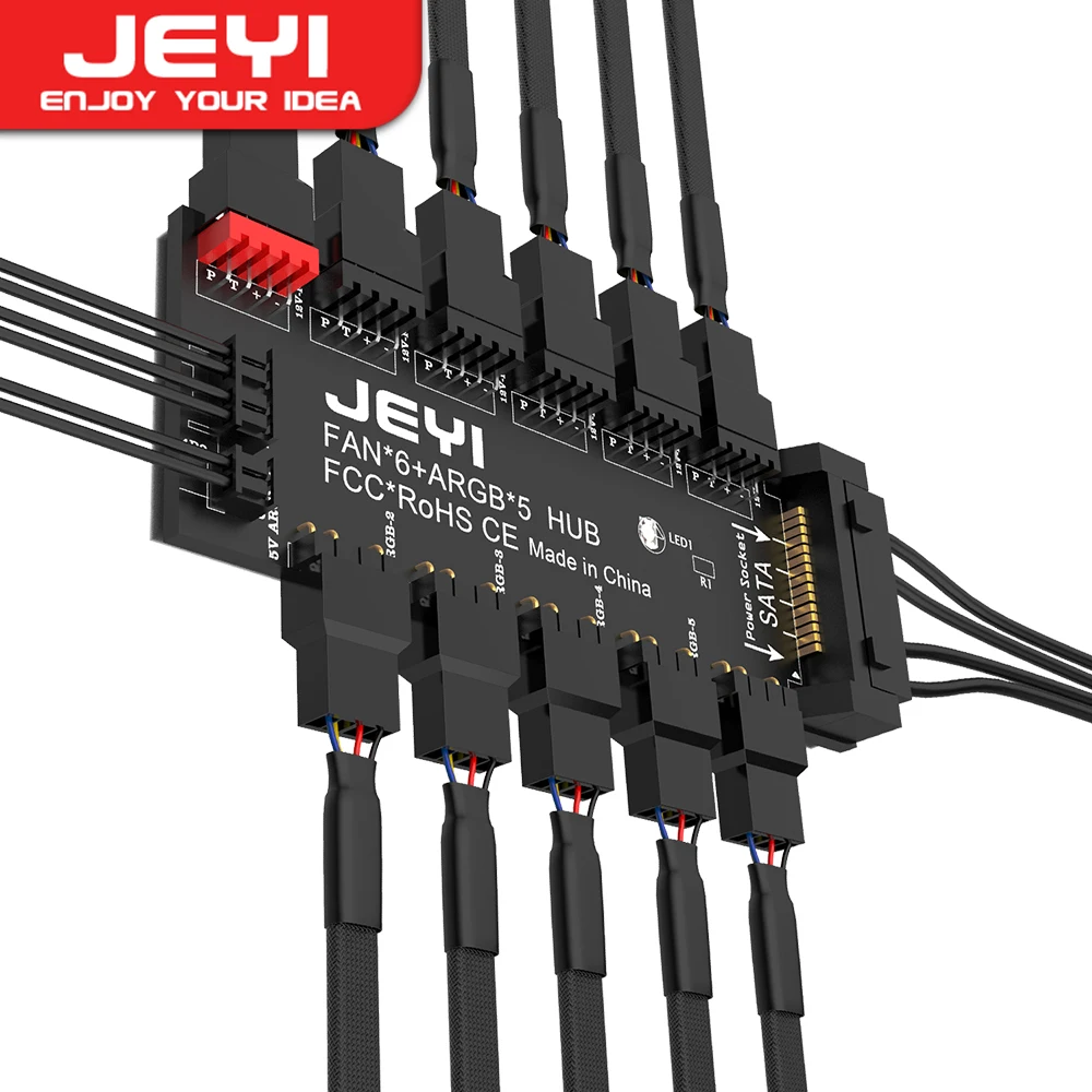 Jeyi 4pin pwm & 5v 3pin argb mit sata 15pin power 5-wege-synchronisationlüfter hub cpu lüfter adressierbarer rgb beleuchtung pcb splitter Image