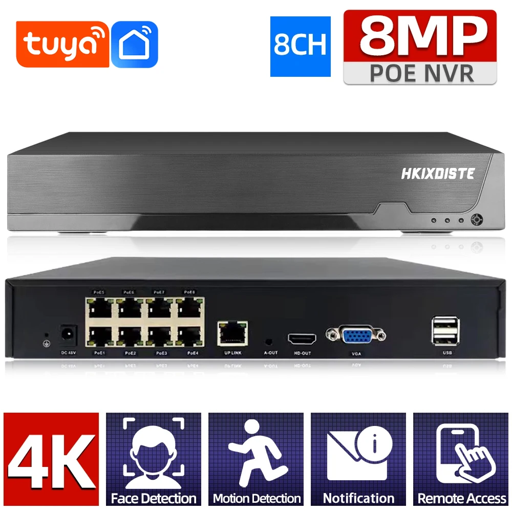 Tuya gesichts erkennung h.265 8ch * 4k poe netzwerk video recorder überwachung poe nvr 8 kanal für hd 8mp 5mp ip kameras smart app Image
