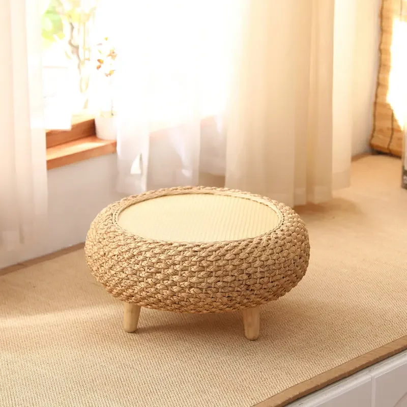 Japanischer runder Couchtisch aus handgewebtem Rattan mit Stauraum für Wohnzimmer-Teetisch Image