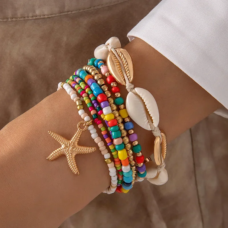 7 Stück Bohemian Shell Armband Set für Frauen Seestern Charme Reis Perlen Armband Armreif Mädchen Sommer Strand Schmuck Zubehör Image