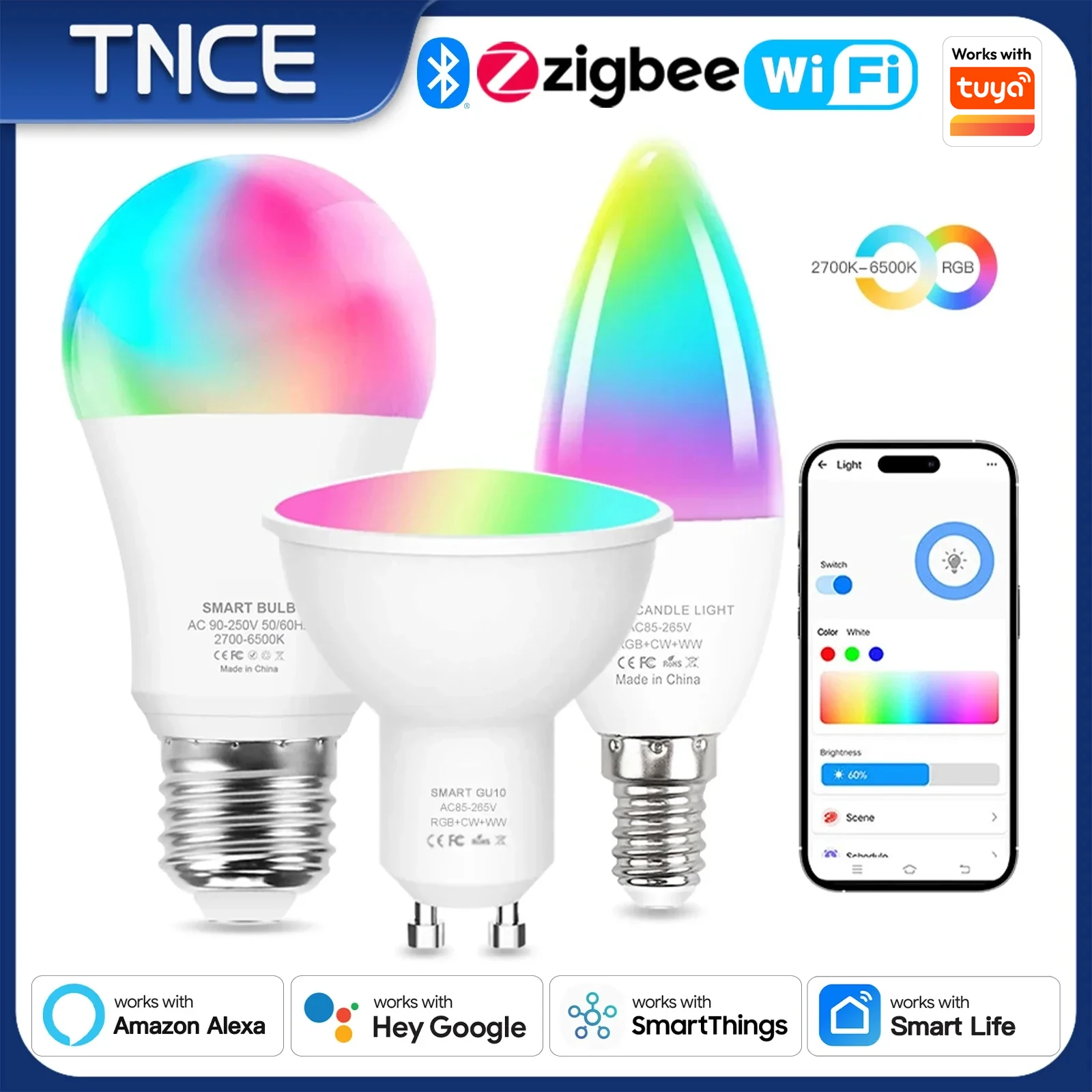 TNCE Tuya E27 E14 Lampadina GU10 WIFI Zigbee, Lampade LED a luce dimmerabile 2700-6500k RGB, APP Smart Life, Voce con Alexa Google Home
