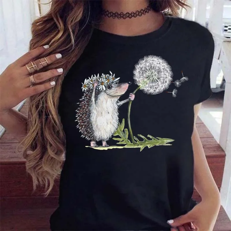 T-shirt girocollo moda manica corta da donna in cotone 100% con stampa riccio esplosivo T-shirt oversize T-shirt estetica Top
