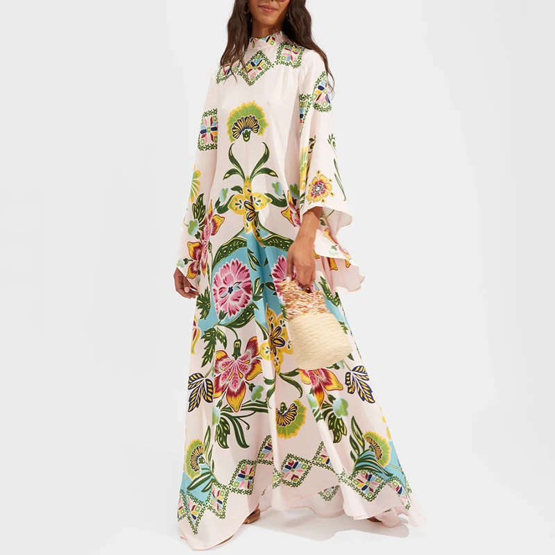Abito lungo Boho con stampa etnica retrò primaverile Abito da donna sexy con colletto alla coreana Abito da festa con lacci Abiti maxi da donna larghi a maniche lunghe autunnali