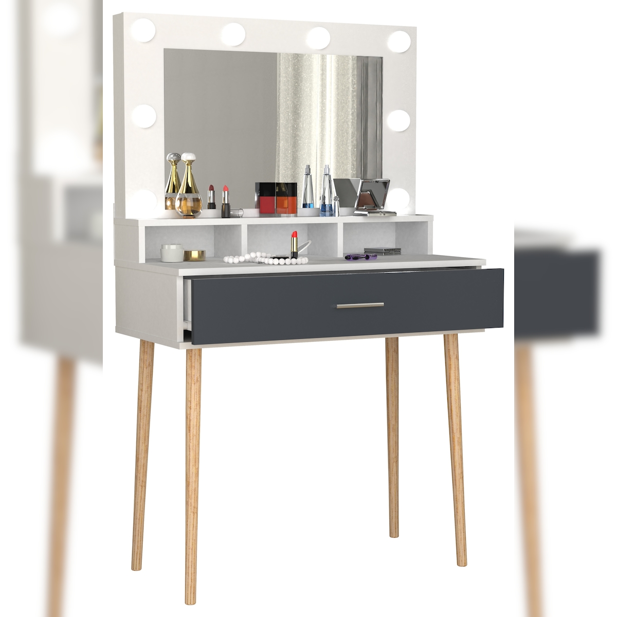 VCM Schminktisch Lindas Weiß / Anthrazit H. 133 x B. 80 x T. 40 cm Image