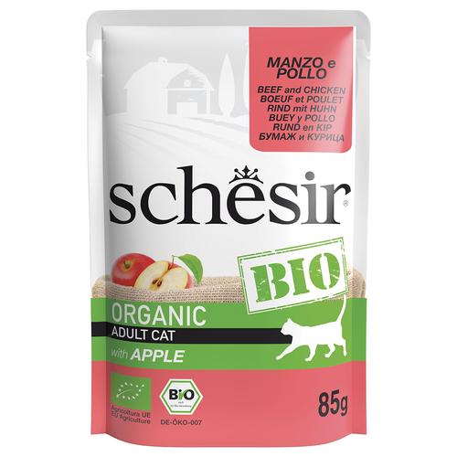 Sparpaket: 16x85g Schesir Bio Pouch Bio-Rind und Bio-Huhn mit Bio-Apfel Katzenfutter nass