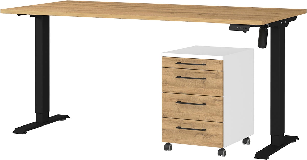 Büromöbel-Set GERMANIA "Profi 3.0", weiß (weiß, grandson, eiche, nachbildung), Schreibtisch 160cm breit Metall Spanplatte, Metall, Spanplatte, Arbeitsmöbel-Sets, Büromöbel-Set, Büromöbel-Set bestehend aus Schreibtisch und Rollcontainer