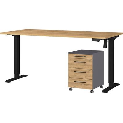 Büromöbel-Set GERMANIA "Profi 3.0", schwarz (grandson, eiche, nachbildung, schwarz), Höhenverstellbar-Rollcontainermit Schubladendämpfung-Umweltfreundlich, ohne Styropor verpackt Schreibtisch 160cm breit, Metall, Spanplatte, Arbeitsmöbel-Sets,... Image