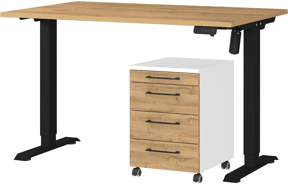 Büromöbel-Set GERMANIA "Profi 3.0", weiß (weiß, grandson, eiche, nachbildung), Schreibtisch 120cm breit Metall Spanplatte, Metall, Spanplatte, Arbeitsmöbel-Sets, Büromöbel-Set, Büromöbel-Set bestehend aus Schreibtisch und Rollcontainer