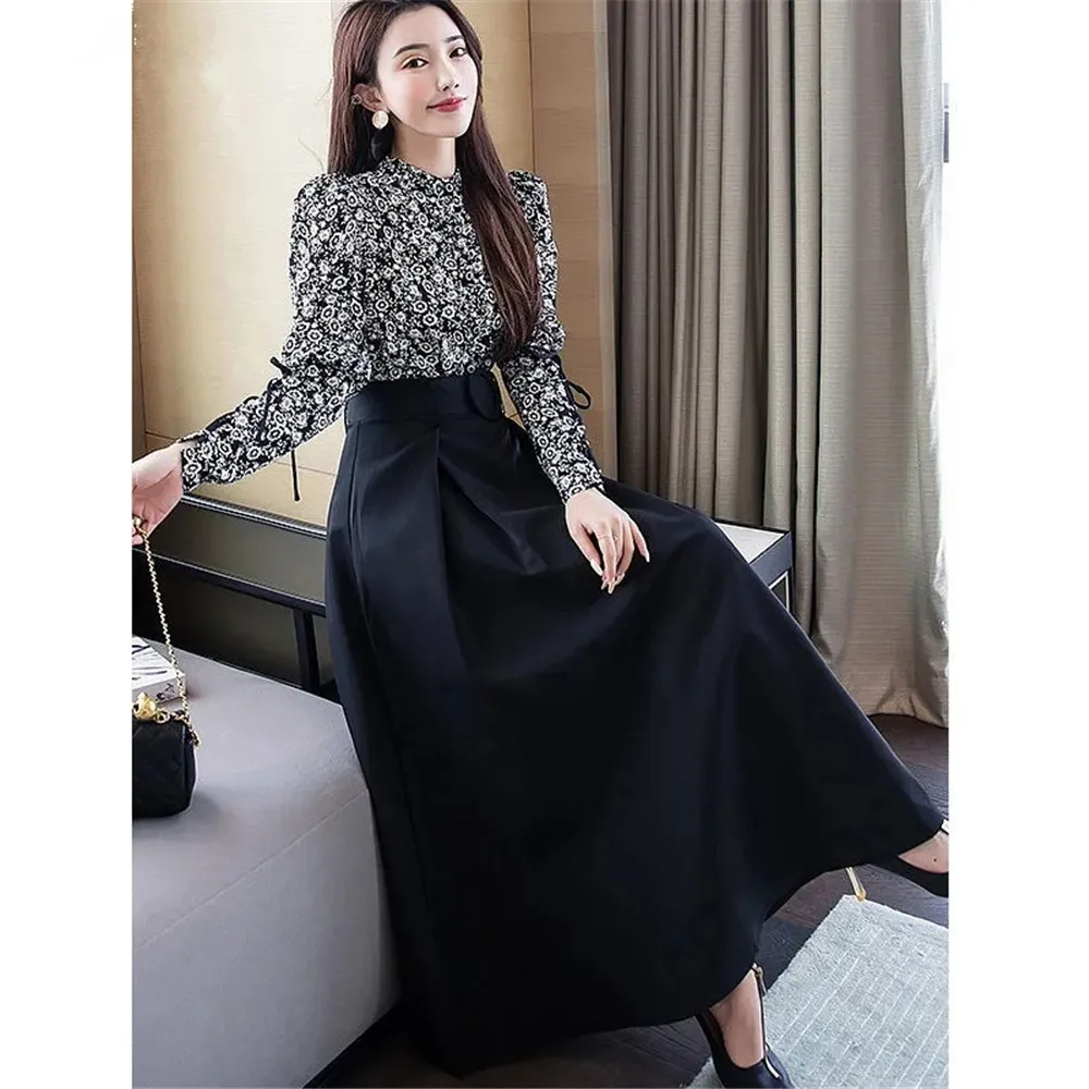Gonna lunga da donna a pieghe nera formale da donna gonna lunga a vita alta con cintura 2021 nuova gonna da lavoro lunga coreana elegante moda