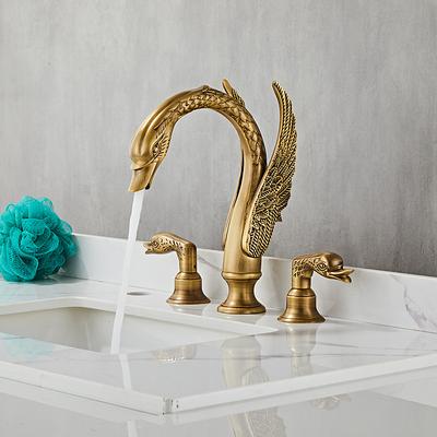 Widespread Bathroom Sink Mixer Faucet, 2 Handle 3 Holes Basin Taps Swan Noble Luxury Golden and Oil-rubbed Bronze Bath Taps