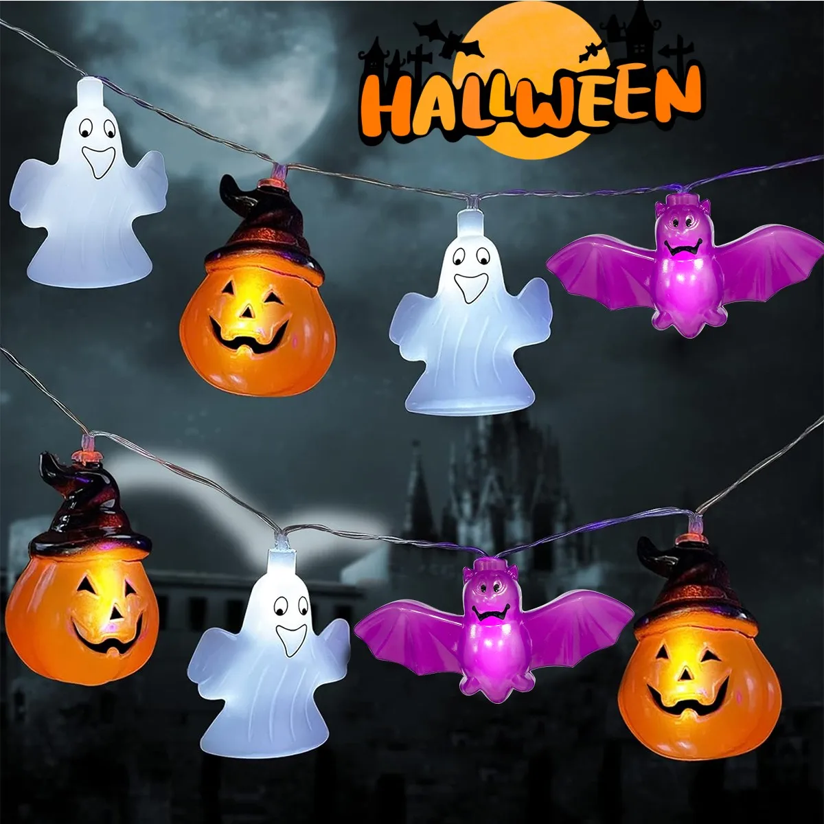 1 pc LED Halloween dekorative Lichterkette Batterie betrieben mit Ghost Bat Kürbis Lampe geeignet für Outdoor und Indoor Halloween