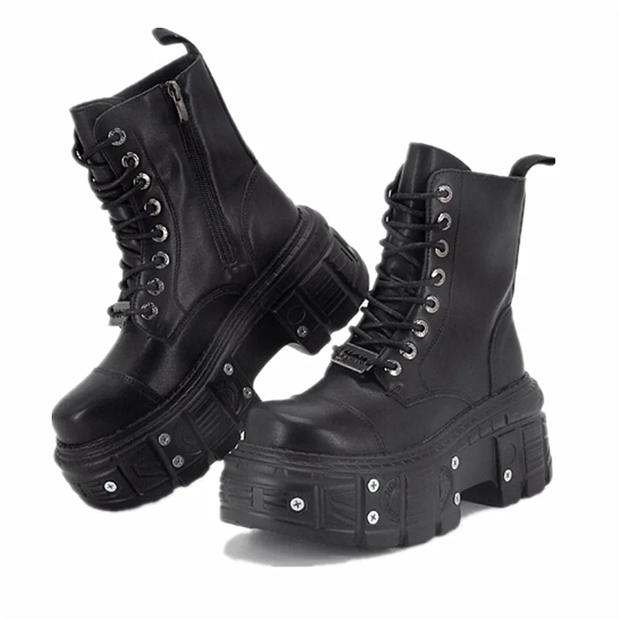 Punk Stil Frauen Stiefel Lace-up Ferse Höhe Plattform Schuhe Frau Gothic Ankle Rock Stiefel Metall Dekor Mann Und Frau turnschuhe 2025