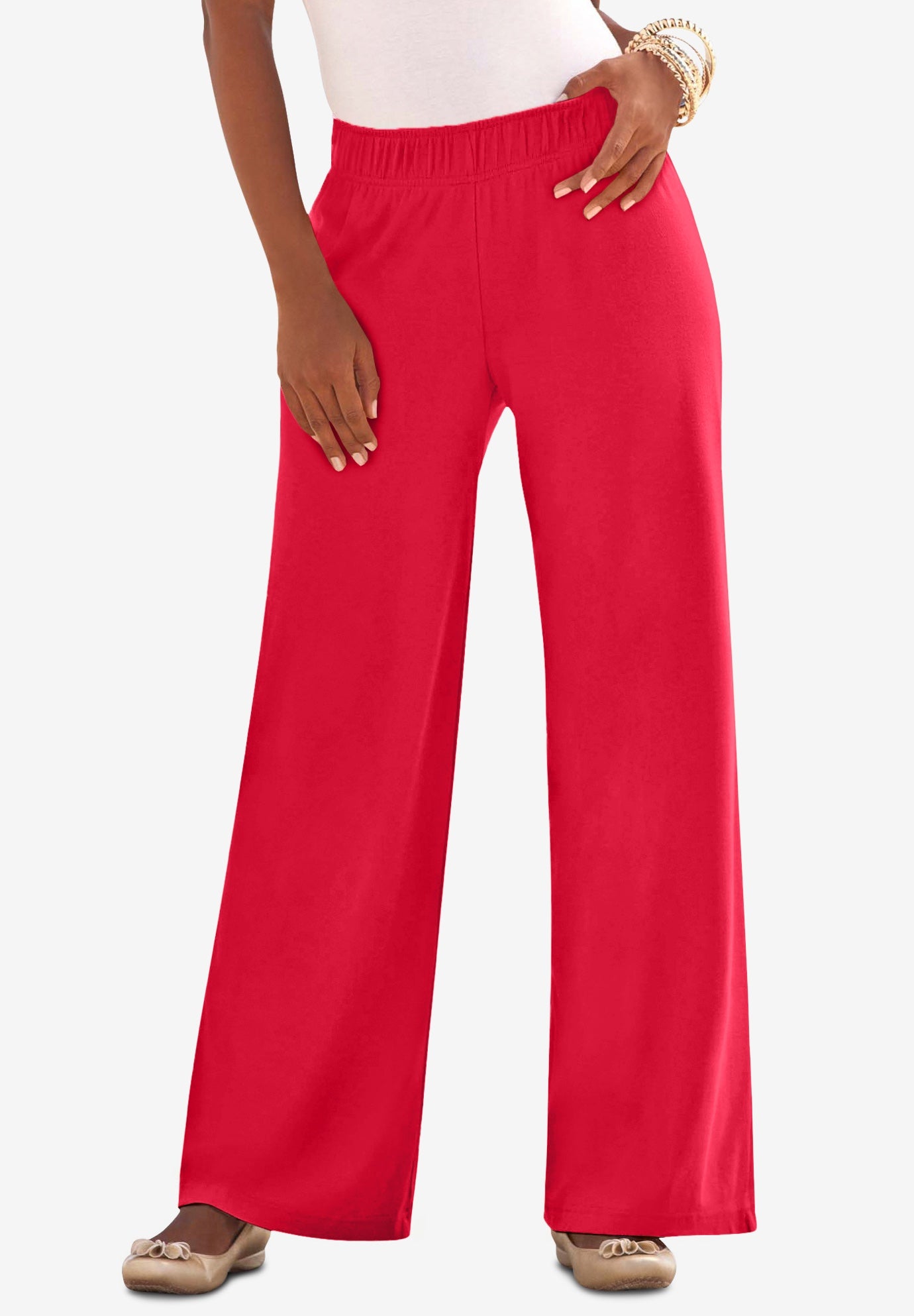 Plus Size Women's Plus Size Pull-On Wide Leg Soft Knit Pant by Roaman's in Vivid Red (Size S) Pull On Elastic Waist
