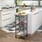 Small Kitchen Island Rolling Kitchen Cart with Drawer 3 Sliding Trays Wire Fruit Basket Wooden Top 360 Degree Swivel Casters