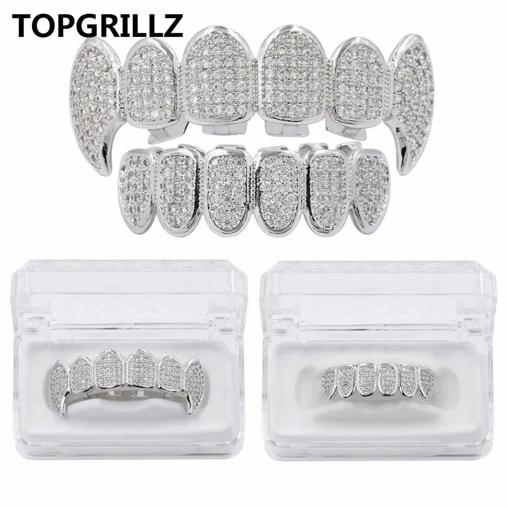 TOPGRILLZ Neue Fit Silber Überzogene CZ Micro Pflastern Top & Bottom GRILL SET Rhodium Zähne Grills Vampire Zahn Grillz Image