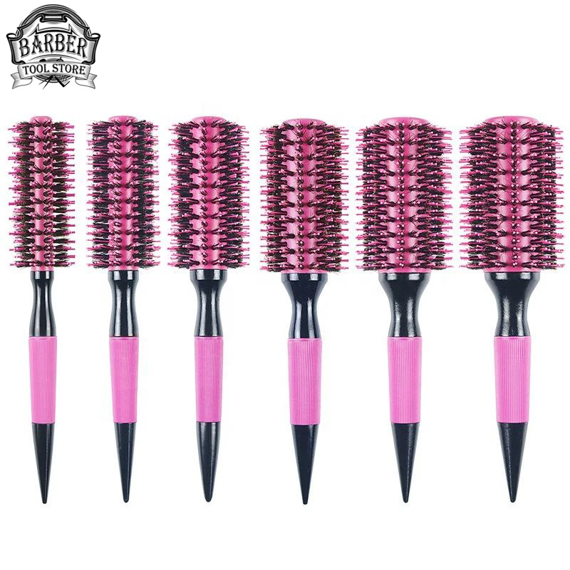Salon Rosa Runde Holz Curling Kamm Bürsten Wildschwein Borsten Mix Nylon Runde Roll Pinsel Professionelle Haar Flauschigen Stylin Liefert Image