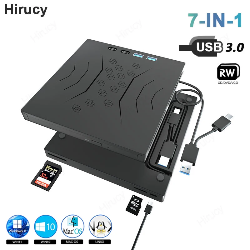 7-in-1 externes optisches Laufwerk USB 3,0 Typ C tragbarer CD-DVD-RW-Player für Laptop-PC-Windows-DVD-Brenner mit SD-TF-Kartens teck plätzen Image