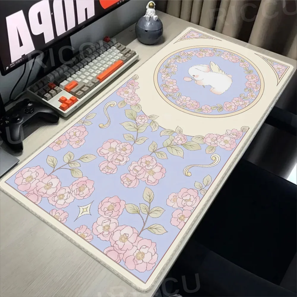 Gaming Green Plant Flower Aesthetics Rabbit Computer Mouse pad XXL Playmat Natural Rubber HD Office Carpet Computer Kawaii Pad
