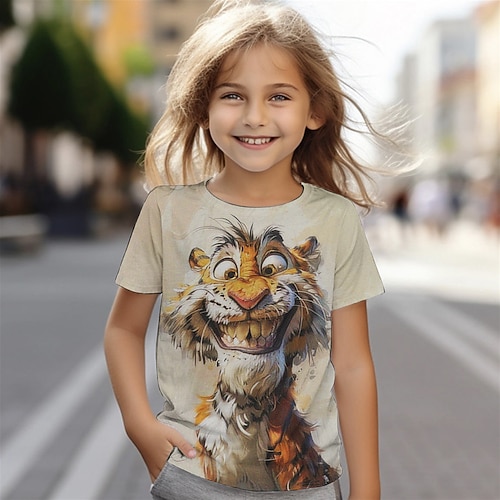 Mädchen 3D Graphic Tier Karikatur T-Shirt Kurzarm Sommer Frühling Modisch Basic kinderkleidung 4-12 Jahre Rundhalsausschnitt Outdoor Casual Täglich Regular Fit Image
