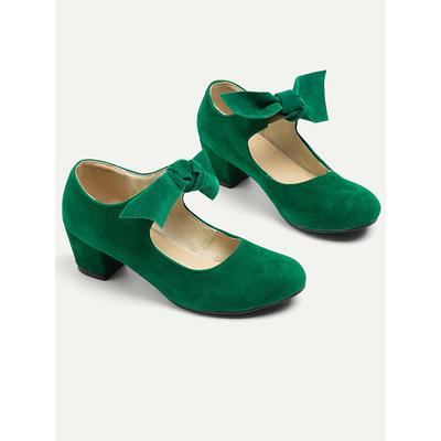 Women's Green Suede Mary Jane Shoes with Bow Detail - Perfect for Office, Daily Wear, and Special Occasions