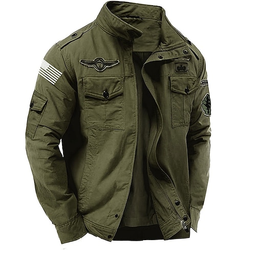 Bestickte Herren-Militärjacke mit Schulterklappen, langen Ärmeln, Stehkragen, mehreren Taschen, Truckerjacke mit US-Flaggenprint, taktischer Oberbekleidung Image