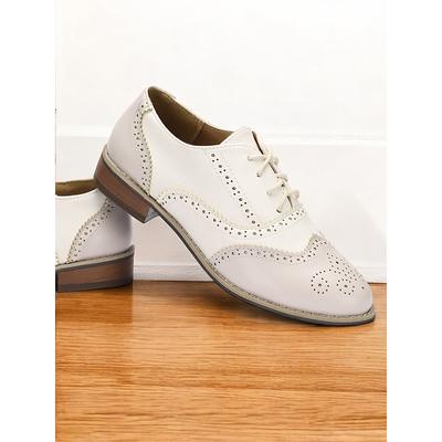 Women's Cream and White Faux Leather Brogue Oxford Shoes with Lace-Up Closure - Vintage-Inspired Formal Footwear