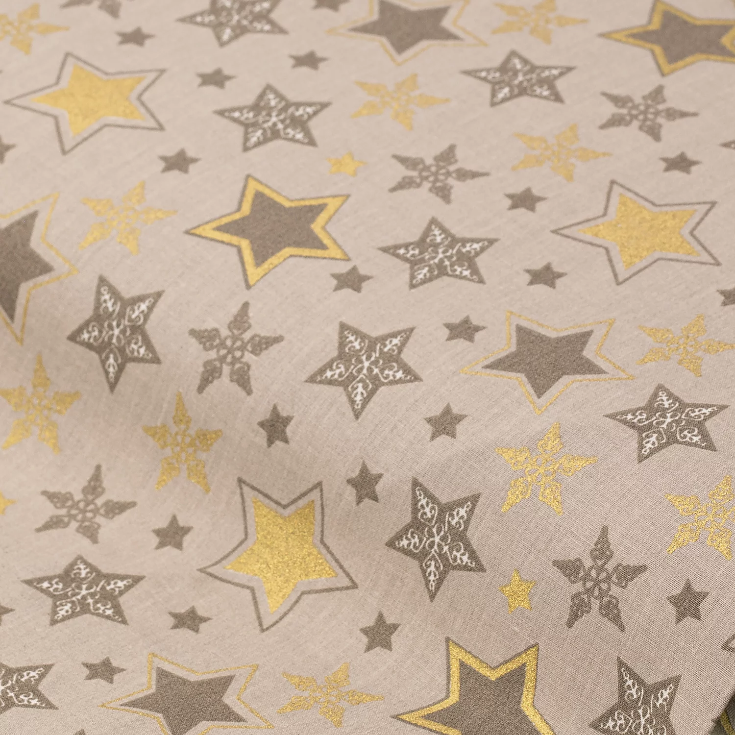 Baumwollstoff Sterne Mona, taupe-gold
