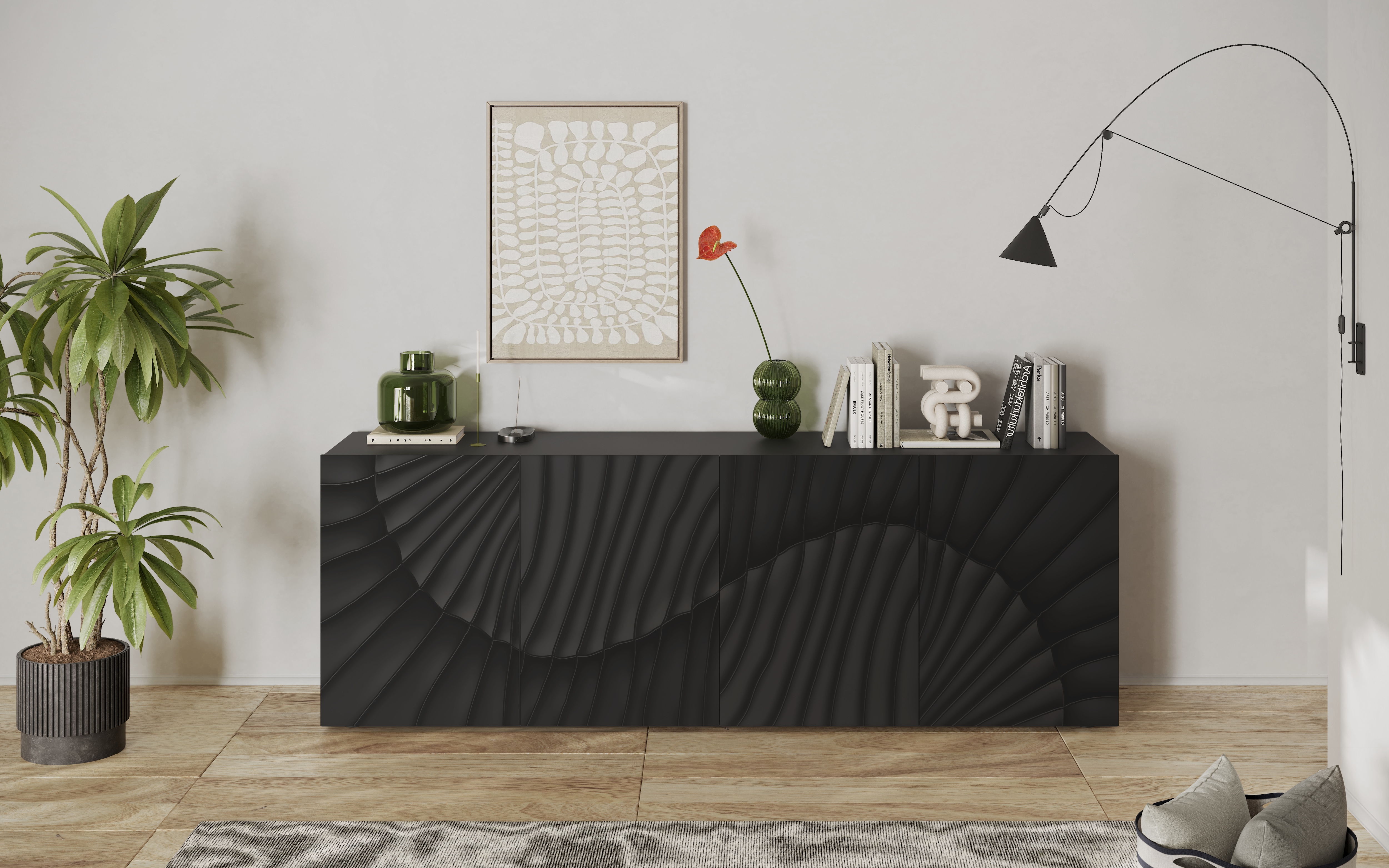 Sideboard INOSIGN "Snake, Kommode, Anrichte, Stauraummöbel Breite 241 cm, Siebdruck-Front", schwarz (anthrazit mit siebdruck), B:241cm H:96cm T:42cm, Sideboards, Sideboard, moderne Wohnmöbel, 4 Türen, viel Stauraum, stilvoll und funktional