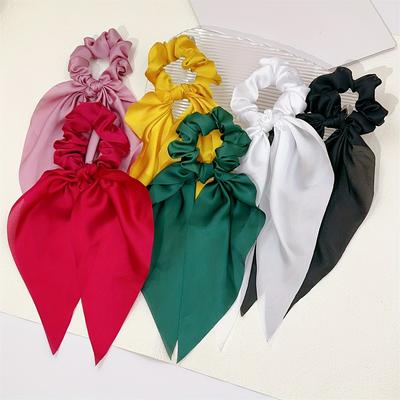 TEMU 6pcs Elegant Sweet Solid Color Satin Bow Hair Ties Set, Fabric Ribbon Ponytail Holders, Stretchy Scrunchies, Summer Hair Accessories For Women