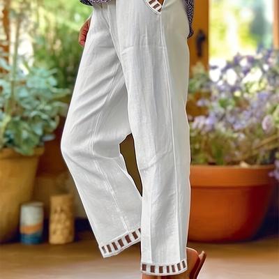 TEMU Lace Trim Slant Pockets Straight Leg Pants, Casual & Versatile High Waist Pants For Spring & Summer, Women's Clothing