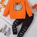 TEMU 2pcs Halloween Pumpkin Print Girls Outfit, Crew Neck Sweatshirt Top + Trousers Set For Spring Fall